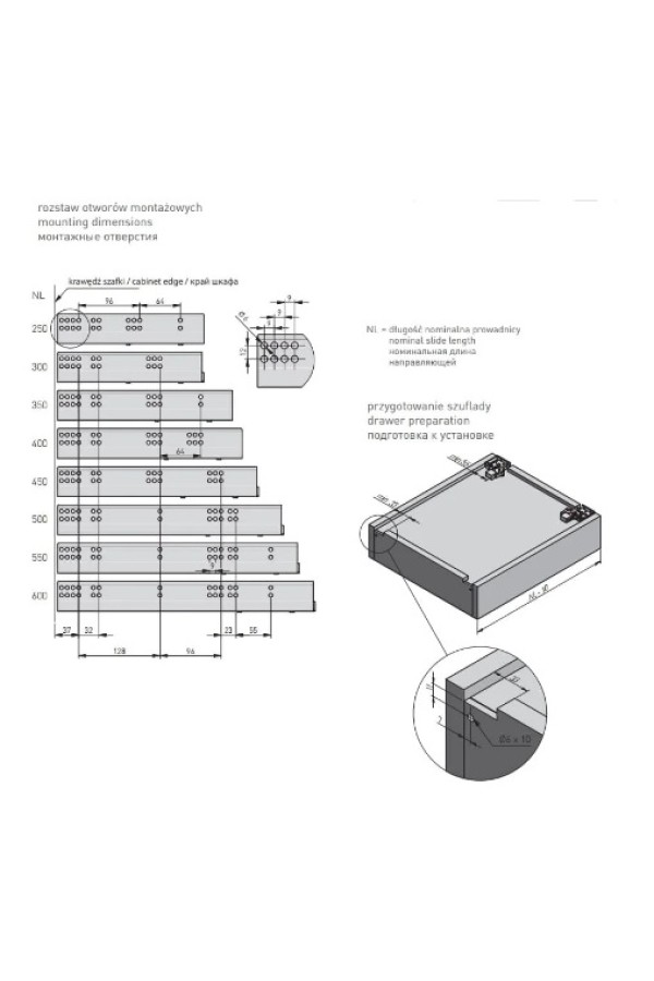 направляющие скрытого монтажа GTV 350мм, PUSH to open, 25кг(10шт)/PB-0FPO18-350