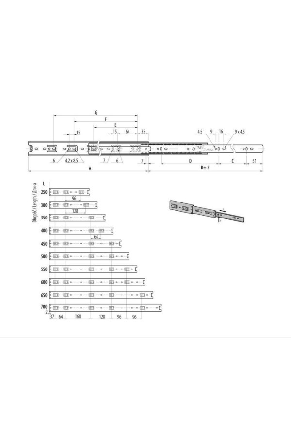 направляющие шариковые GTV 45*350мм, 30кг(15шт)/PK-0H45350HK
