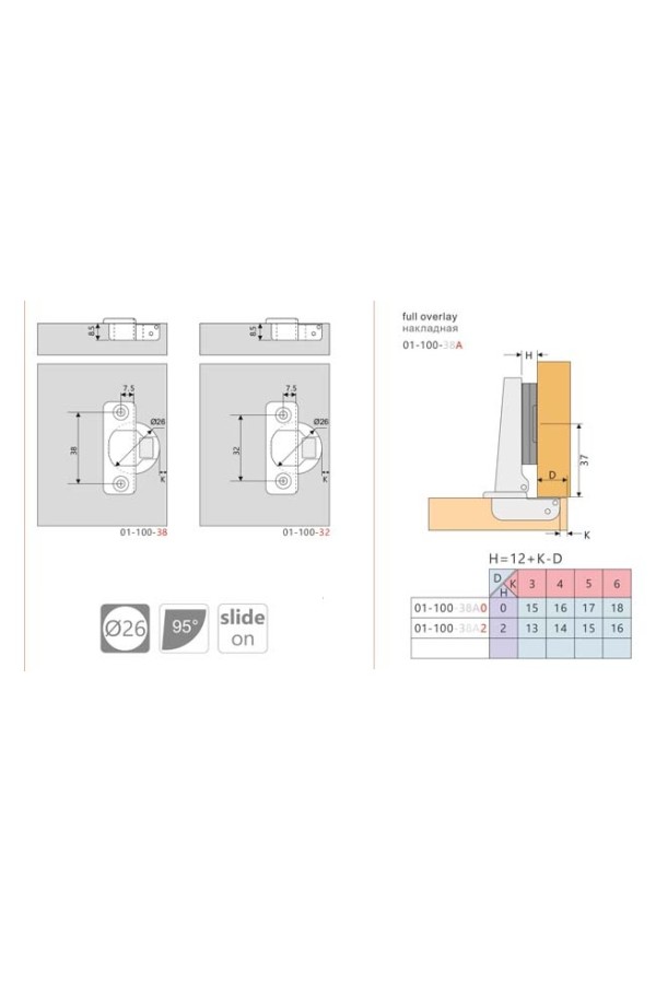 Петля мебельная накладная мини Slide-on Н=2мм Laurus