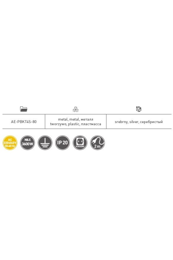 Удлинитель угловой 4 розетки серебристый AE-PBKT4S-80 GTV