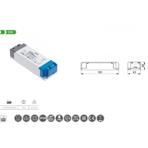 блок питания д/светодиодов GTV LED PRO 80Вт, 220/12В, IP20/LD-ZASPRO80W-30