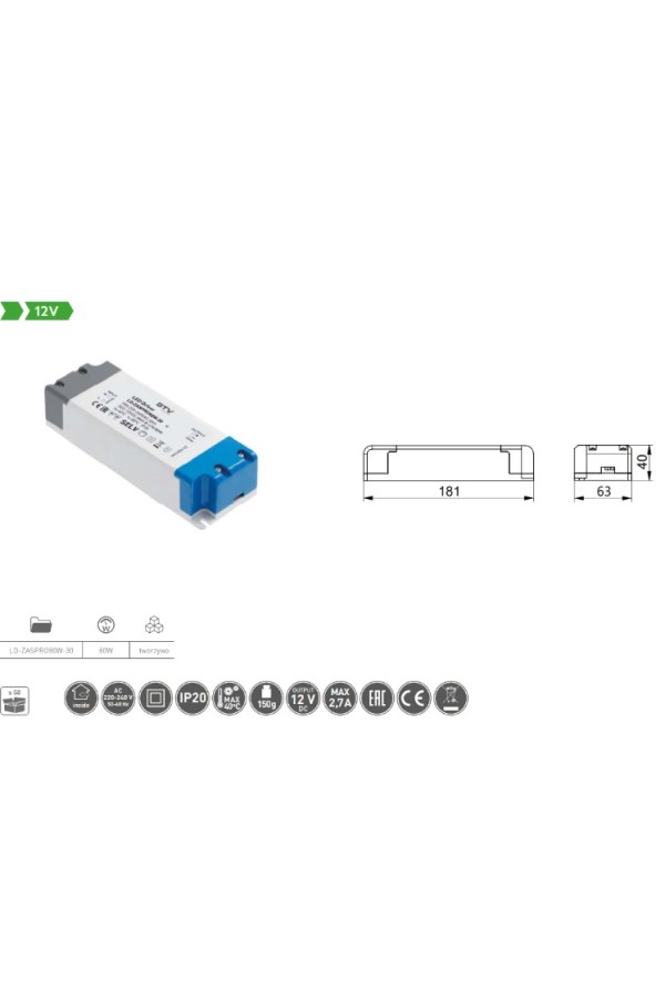 блок питания д/светодиодов GTV LED PRO 80Вт, 220/12В, IP20/LD-ZASPRO80W-30