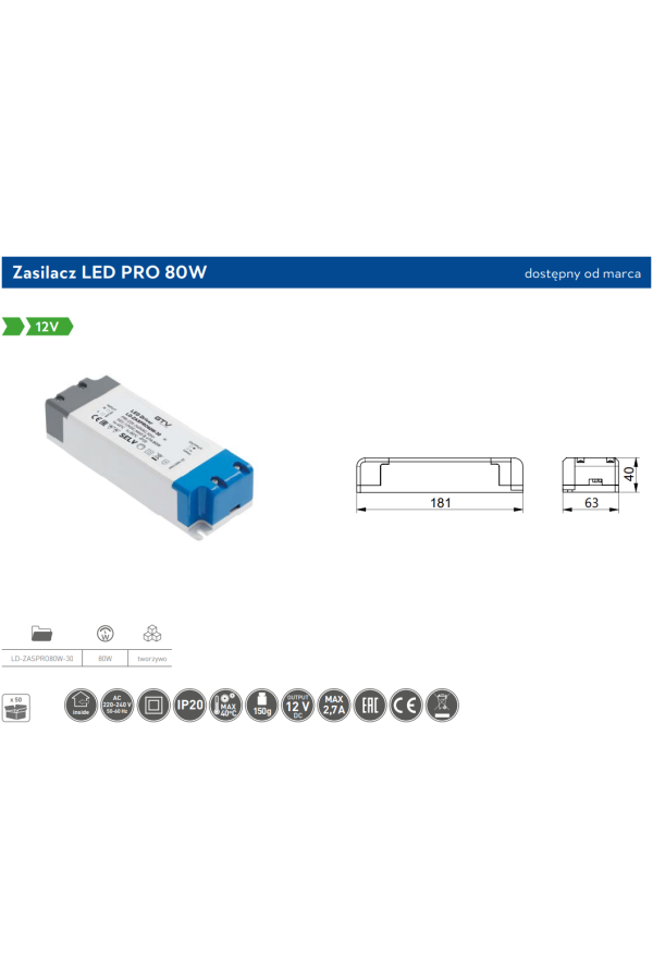 блок питания д/светодиодов GTV LED PRO 80Вт, 220/12В, IP20/LD-ZASPRO80W-30