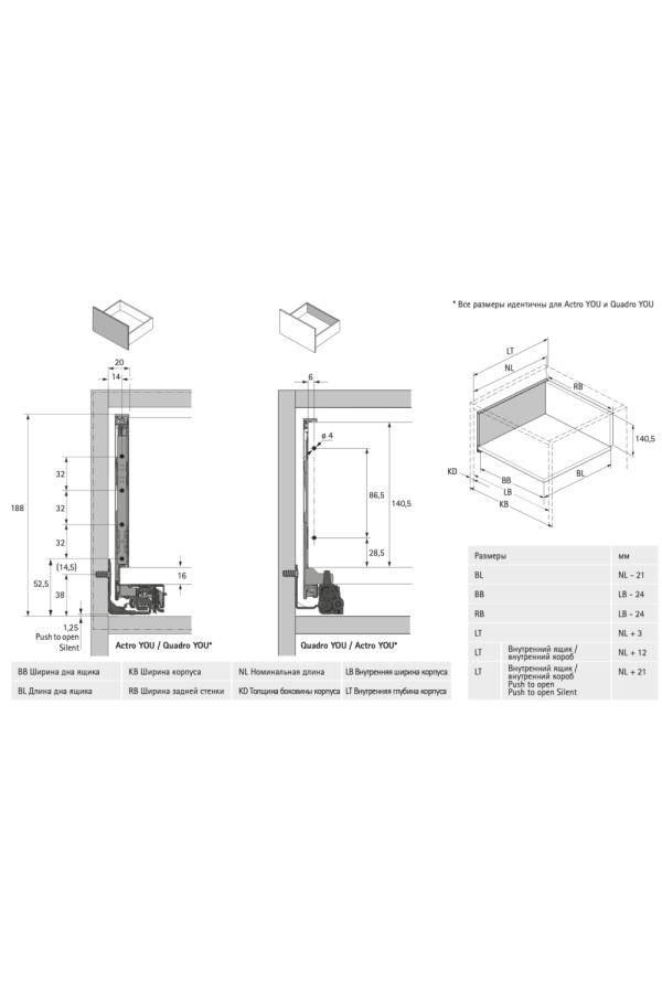 Выдвижной ящик AvanTech You 187*450мм, БЕЗ направляющих антрацит 9255346 Hettich