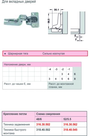 Петля мебельная вкладная Metallamat 110 градусов 316.30.502 Hafele