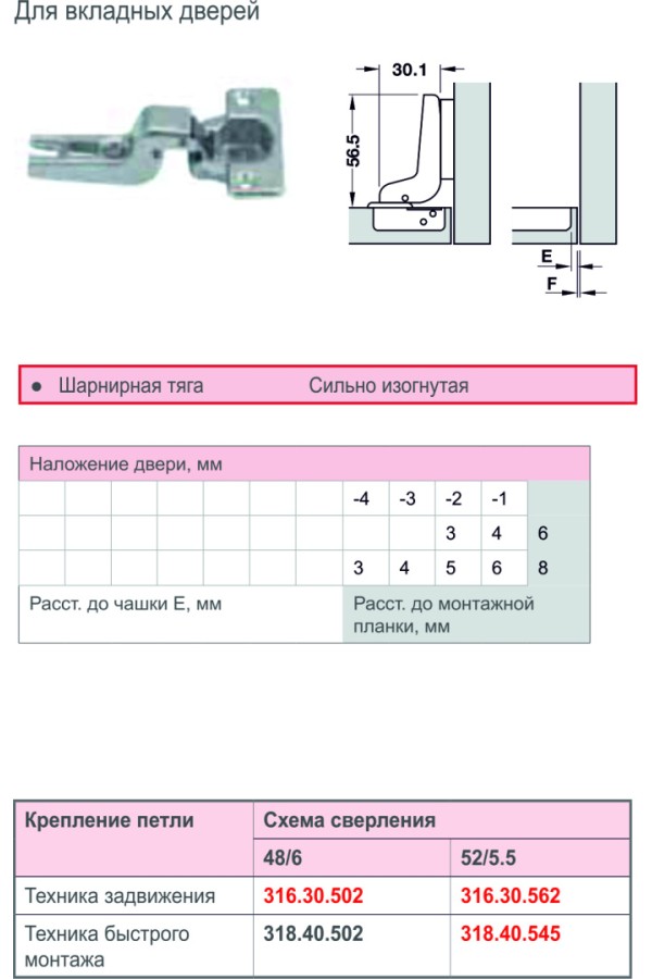 Петля мебельная вкладная Metallamat 110 градусов 316.30.502 Hafele