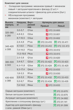Комплект подъемных механизмов Free up 345-420мм на 4,1-8,0кг белый Hafele