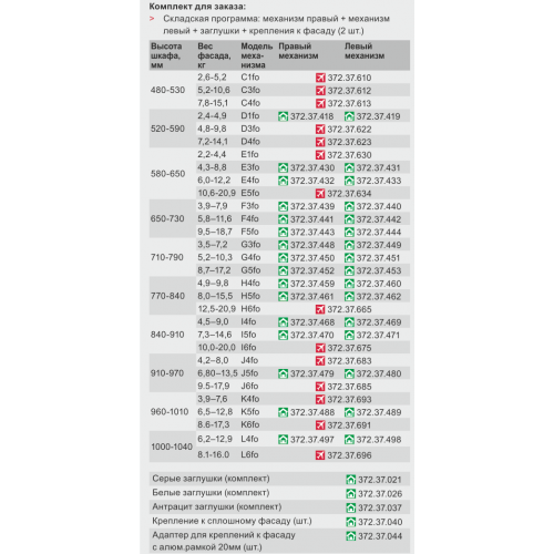 Подъемный механизм Free fold 770-840мм на 4,9-10,3кг модель Н4fo правый 372.37.459 Hafele