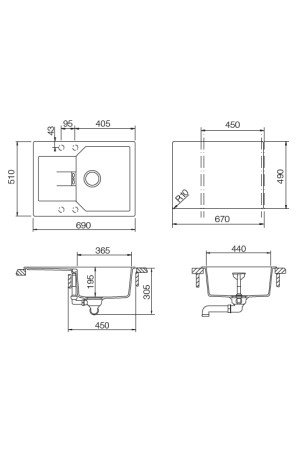 SCHOCK мойка кварцевая Manhattan 45D Cristalite 510*690 оникс, клап.автомат