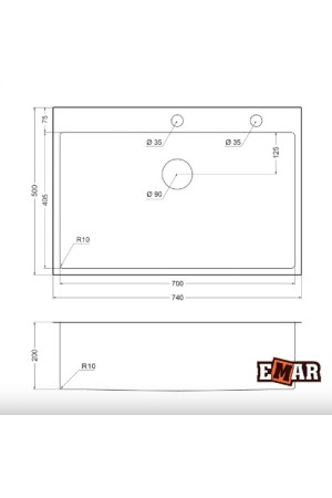 Мойка из нержавеющей стали PVD ЕМВ-125А 740мм*500мм*200мм*1мм  Dark универсальный монтаж EMAR
