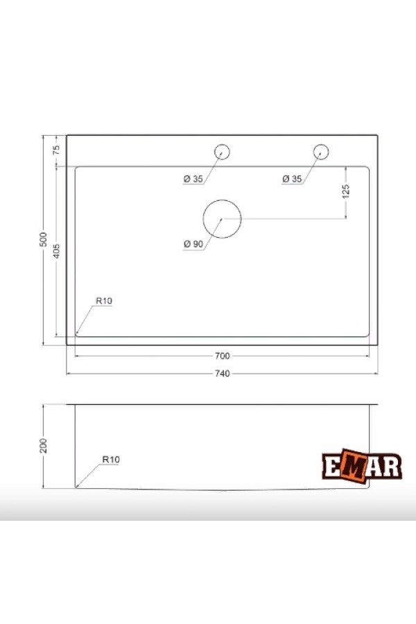 Мойка из нержавеющей стали PVD ЕМВ-125А 740мм*500мм*200мм*1мм  Dark универсальный монтаж EMAR