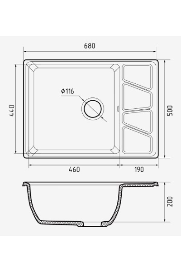 мойка мраморная GranFest Vertex 680L иней 680*500*200мм