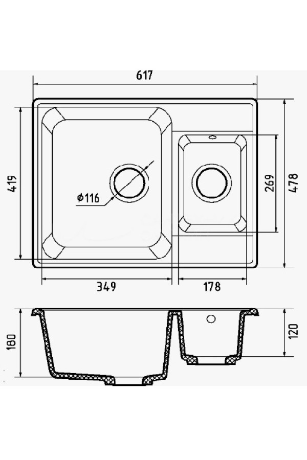 мойка кварцевая QUARZ 09 белый 617*478*180мм(без сифона)