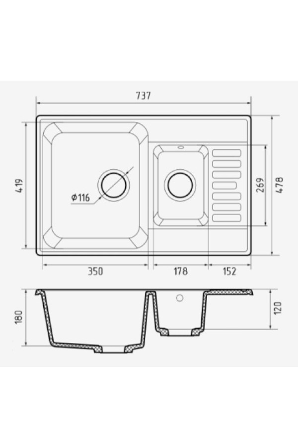 мойка кварцевая QUARZ 21К серый 737*478*180мм(без сифона)