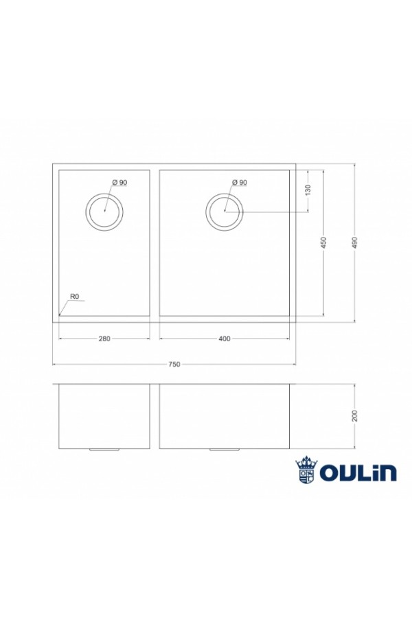 Мойка врезная из нержавеющей стали OL-202 750*490*200*1,2мм Oulin