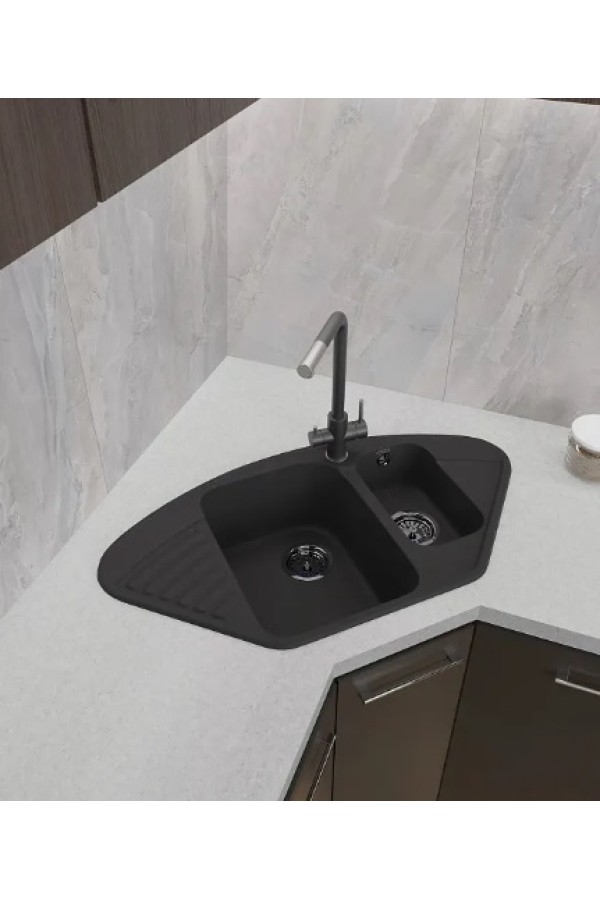 мойка кварцевая угловая GranFest QUARZ 14, черный, 927*497*180 мм(без сифона)