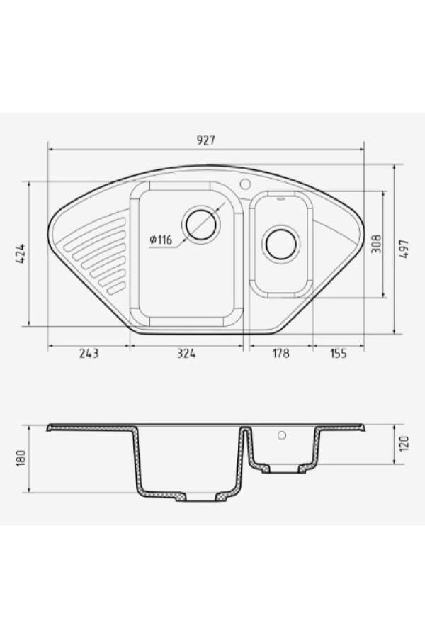 мойка кварцевая угловая GranFest QUARZ 14, черный, 927*497*180 мм(без сифона)
