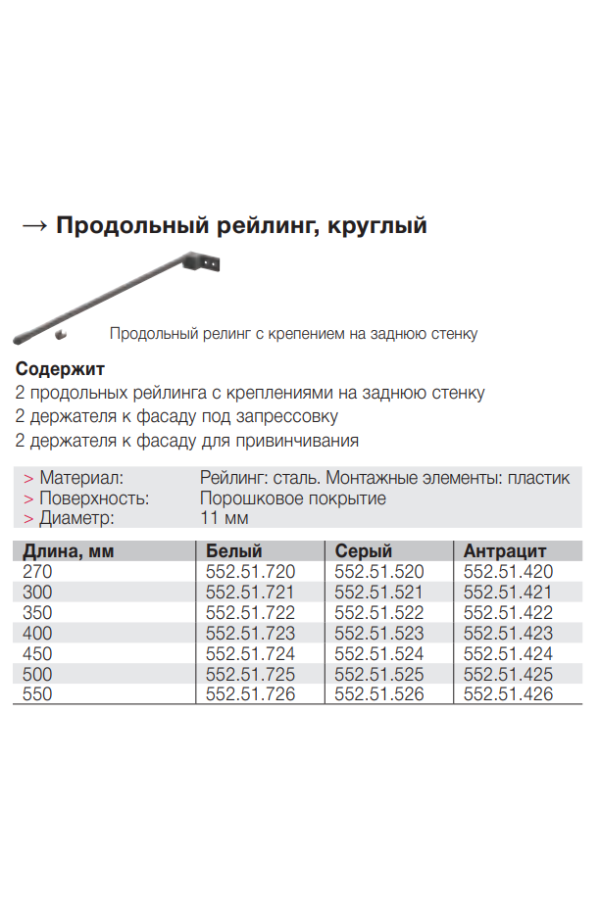 Комплект продольных круглых рейлингов для выдвижных ящиков Matrix Box 450мм белый 552.51.25 Hafele