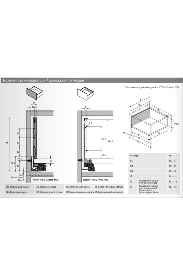 Выдвижной ящик AvanTech You 187*450мм, БЕЗ направляющих серебристый 9255266 Hettich