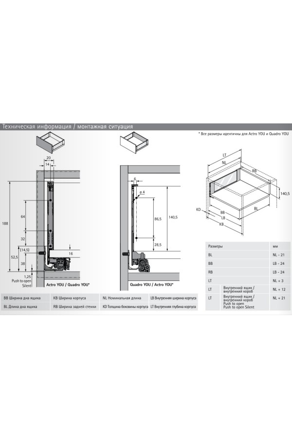 Выдвижной ящик AvanTech You Inlay 187*450мм, БЕЗ направляющих серебристый 9257182 Hettich