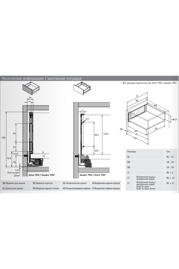 Выдвижной ящик AvanTech You Inlay 187*450мм, БЕЗ направляющих антрацит 9257189 Hettich