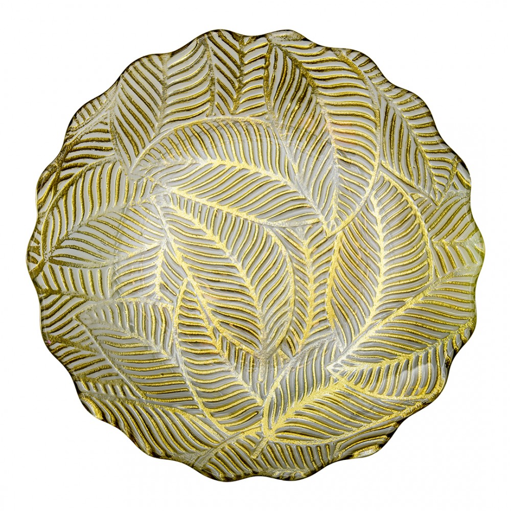 Блюдо стеклянное с волнистыми краями Листья, D305, прозрачный, золотой
