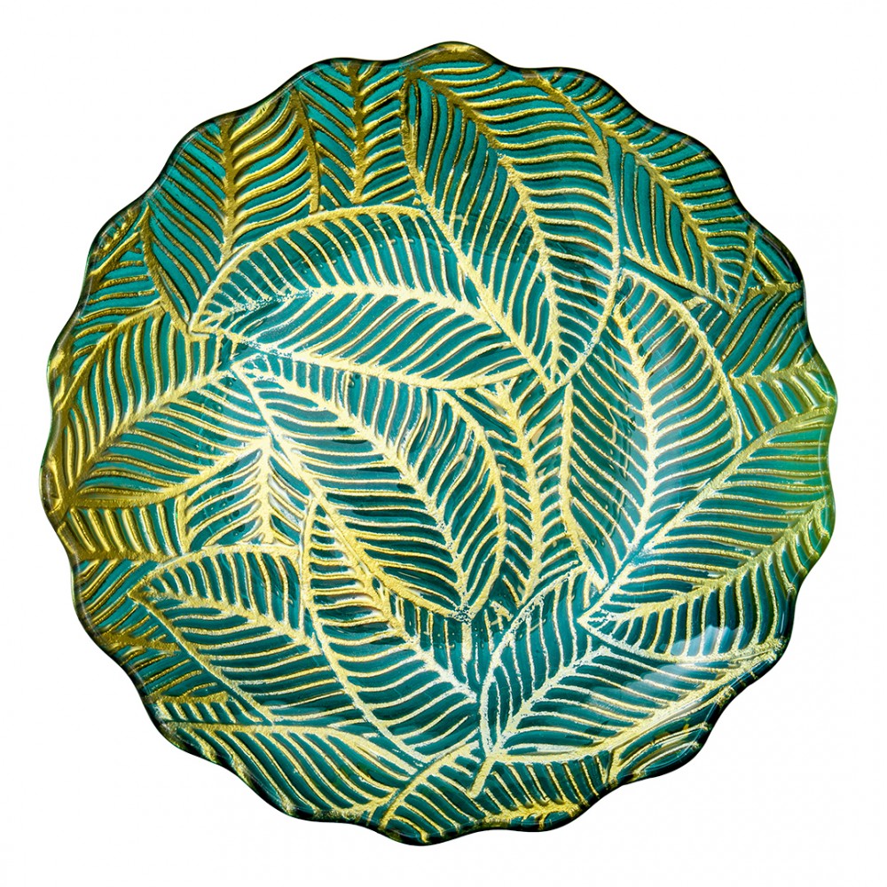 Блюдо стеклянное с волнистыми краями Листья, D305, зеленый, золотой
