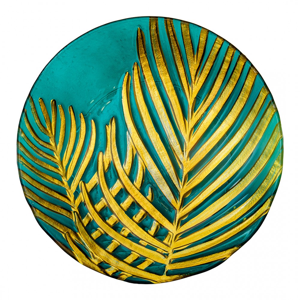 Блюдо стеклянное круглое Лист, D305, зеленый, золотой