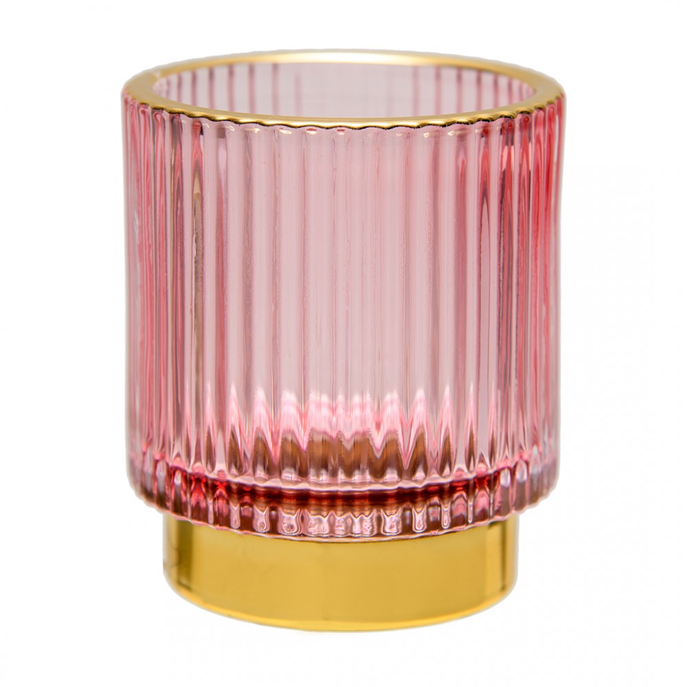 Декоративный подсвечник из цветного рельефного стекла, Д70 Ш70 В80, розовый