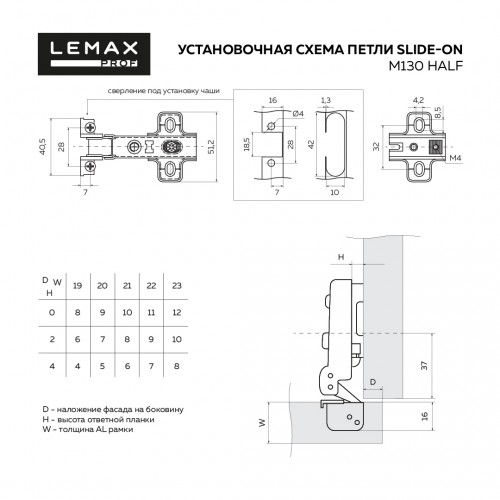 Петля для алюминиевого фасада slide-on полунакладная, никель