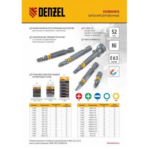 Бита SL5,0х50, сталь S2, шестигранный профиль, 10 шт. Е 6,3 Denzel