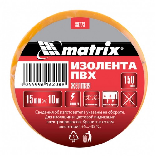 Изолента ПВХ, 15 мм х 10 м, желтая, 150 мкм Matrix