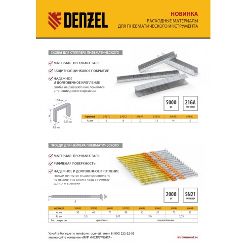 Скобы 21GA для пнев. степл., 16мм, шир. - 0,95мм, тол. - 0,6мм, шир. скобы - 12,8мм, 5000шт Denzel