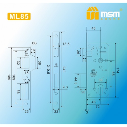 Замок врезной ML85 Тёмный матовый никель (BSN)