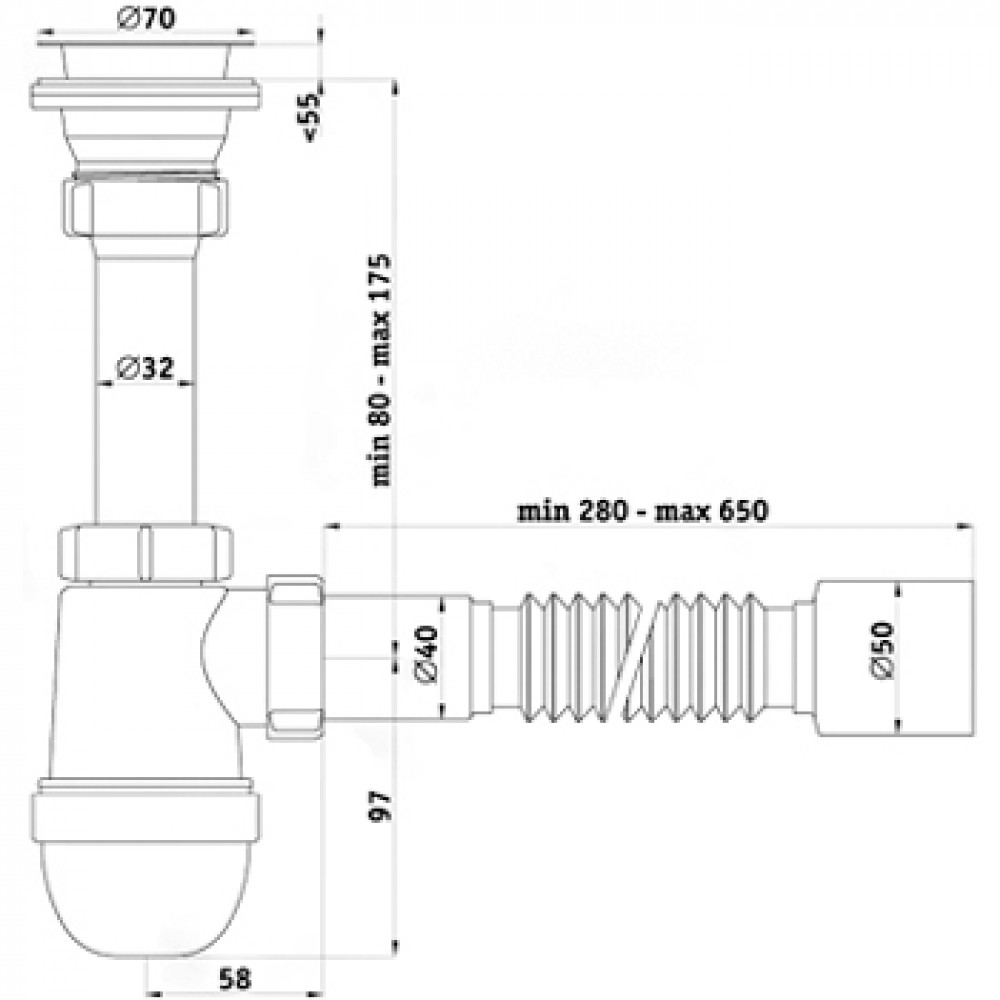 Сифон для мойки 1 1/2 40 с гибкой трубой 40*40/50 Ани грот (с0115)