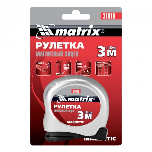 Рулетка Magnetic, 3 м х 16 мм, магнитный зацеп Matrix