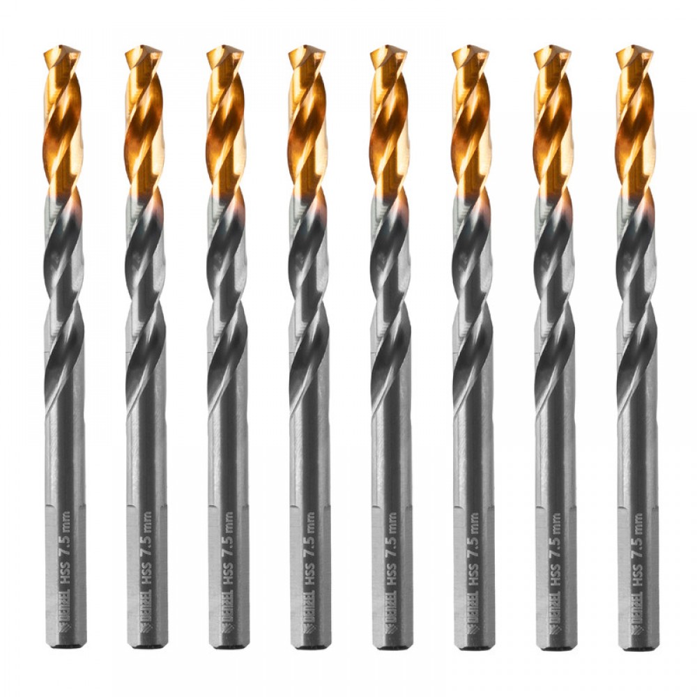 Сверло по металлу, 7,5 мм, HSS-Tin, Golden Tip, 8 шт. Denzel
