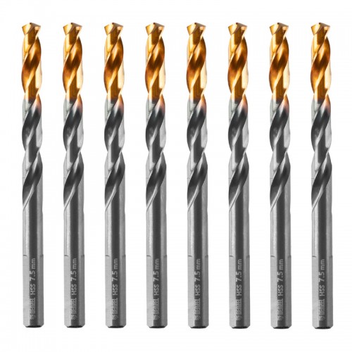 Сверло по металлу, 7, 5 мм, HSS-Tin, Golden Tip, 8 шт. Denzel