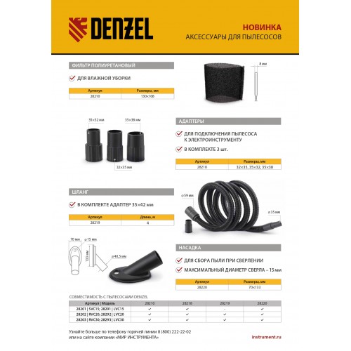 Шланг для пылесоса 4 м с адаптерами для Denzel RVC20, RVC30, LVC20, LVC30// Denzel