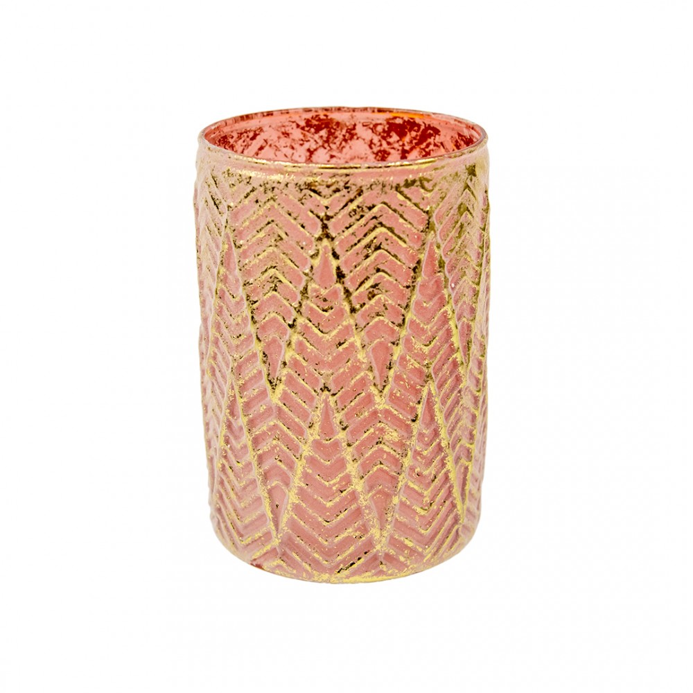 Декоративная стеклянная ваза-подсвечник, Д110 Ш110 В165, розовый с золотым напылением