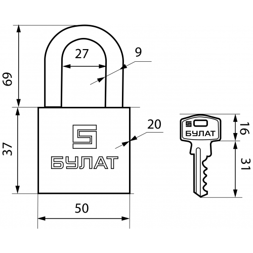 БУЛАТ ВС 1150-01 латунный 3кл. d=8мм Замок навесной (36, 6)