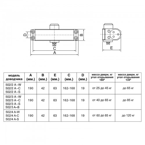 БУЛАТ Доводчик дверной ДД 502/3 A-B (40-85 кг) черный (10)