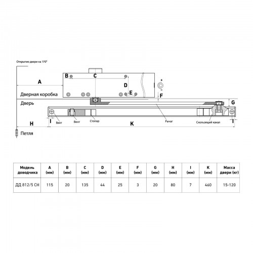 БУЛАТ Доводчик дверной  ДД 812/5 CH-S (CS+LS+HO+BC+DA+PA) (25-120 кг) серебро со скольз.тягой (10)