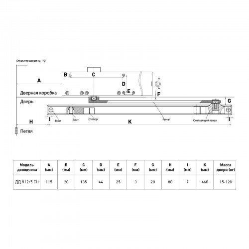 БУЛАТ Доводчик дверной  ДД 812/5 CH-B (CS+LS+HO+BC+DA+PA) (25-120 кг) черный со скольз.тягой (10)