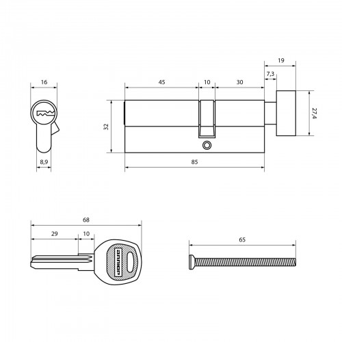 АЛЛЮР DL-02 85 (30 верт. х10х45) СP перекод.5+2 перфокл. Цилиндровый механизм (40,10)