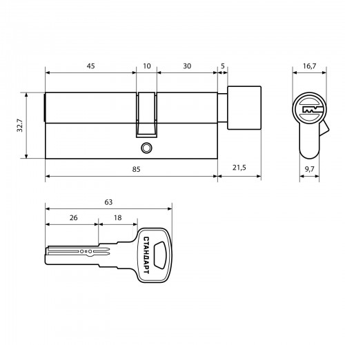 Стандарт F-02 85(30Bх10х45) CP 5кл хром перф. ключ/верт. Цилиндровый механизм(100, 10)