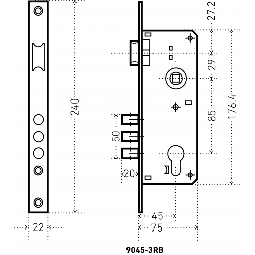 АЛЛЮР 9045-3RB GP без ц/м  Замок врезной б/руч (30)