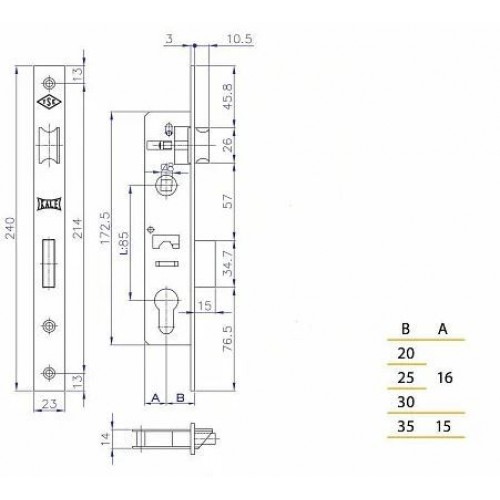 KALE 153  25mm W/B никель б/о, б/н, б/мех.секр., м/о 85мм Замок врезной б/руч (30)