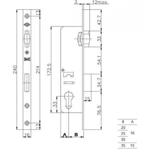 KALE 155/P 20mm W/B  б/о б/накл. никель б/мех.секр Замок врезной б/руч (30)