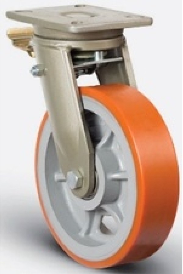 Колесо полиуретановое сверхмощное поворотное с тормозом 250 мм ( EV01 VBP 250 F ), диск-чугун EV01-VBP-250-F